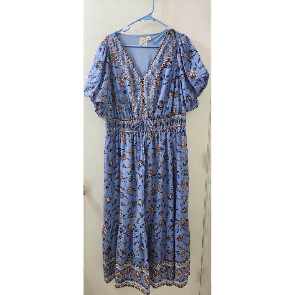 Léa Blue Floral Cotton Maxi Dress V-Neck Smocked Waist Puff Sleeve 1X